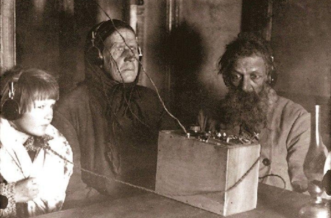 Soviet peasants with a radio, from 1928